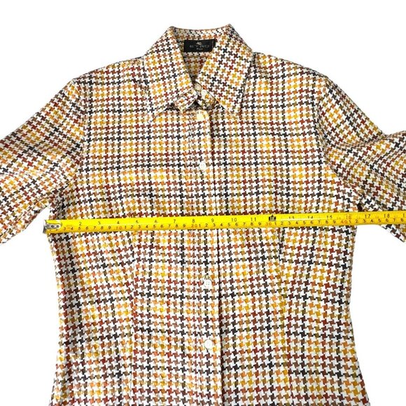 VTG ETRO Shirt Sz.6 Cream Brown Houndstooth Academia Career Italian Old Money - Picture 6 of 14